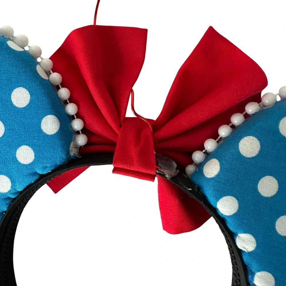 Blue Polka Dot Minnie Mouse Ears Red Bow Daisy Flower Headband